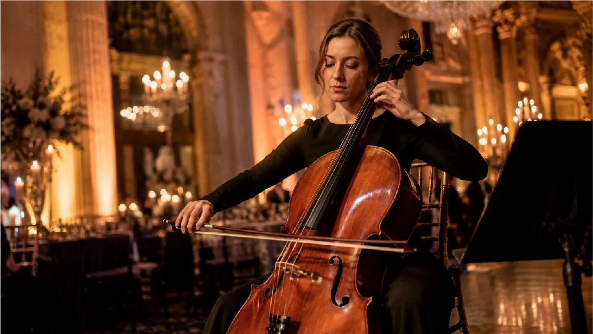 International cellist preparing to perform at a luxury Indian wedding