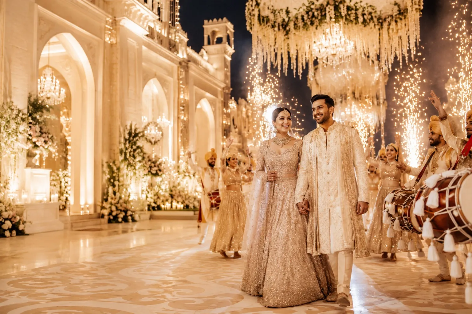 Indian wedding couple entering a luxury celebration with international performers